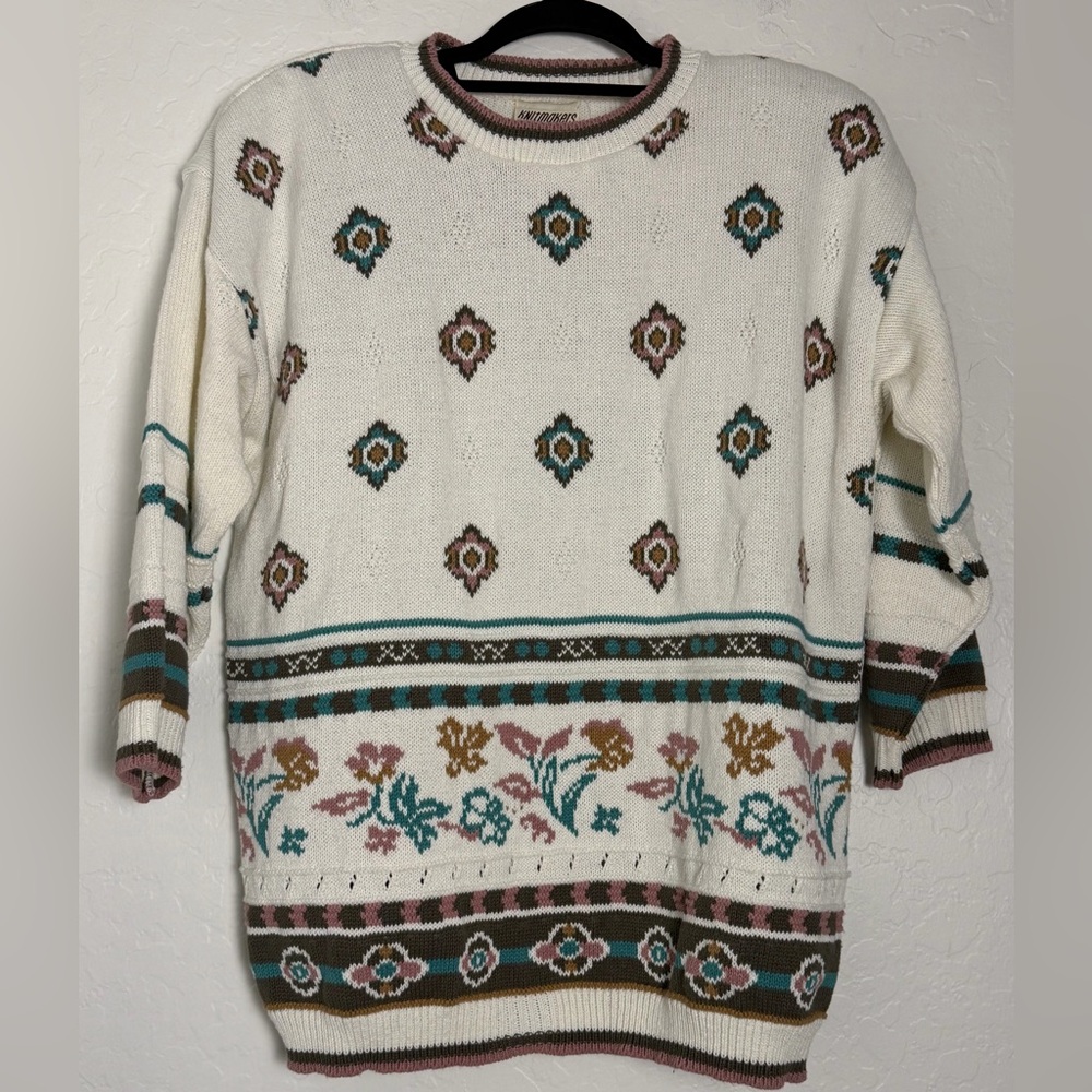 (33)Vintage Knitmakers Pullover Knit Sweater Womens Sz M White/Teal Grandma Core